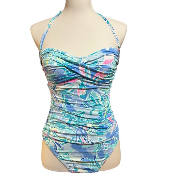 Lilly Pulitzer Other - Lilly Pulitzer Blue Celestial Seas Ruched 1 Piece Swimsuit Size 8 Pink Green